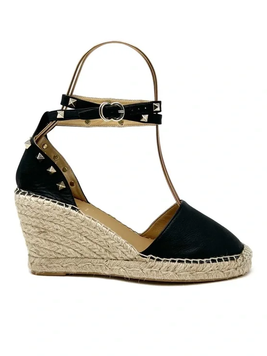 Maypol Studded Leather Wedge Espadrilles Size 39/ Black Leather Gold Studs - Picture 3 of 11